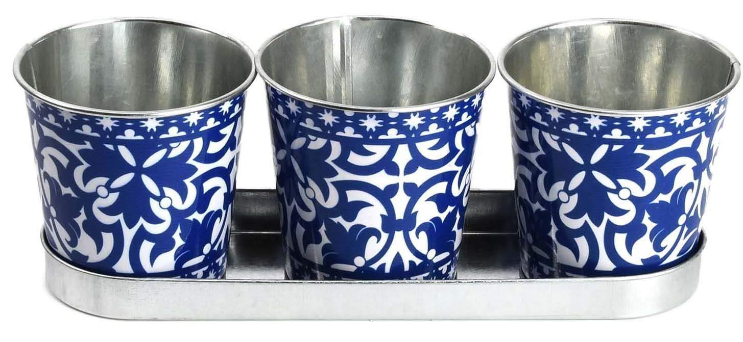 Fallen Fruits Decorative POTS ON Tray, Ideal for Herbs, Metal, Blue & White, one Size