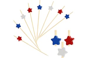 CRAFTERLIFE 100pcs Red White Blue Star Cocktail Picks Fruit Sticks Food Toothpicks Sandwich Charcuterie Appetizer Skewers, Handmade of Bamboo Wood, for Fourth of July Independence Day Decoration Party Supplies