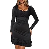HYPERFIRE Women's Long Sleeve Bodycon Dress Lace Trim Square Neck Ruffle Short Dresses Party Going Out