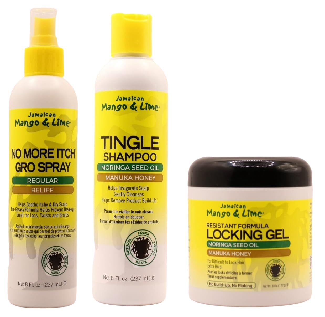 Jamacican Mango & Lime No More Itch Grow Spray 8oz with Tingle Shampoo 8oz & Locking Gel Resistant Formula 6oz