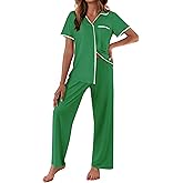 Ekouaer Women Pajamas Button Down Notch Collar Soft Short Sleeve Pjs with Long Pant Lounge Set