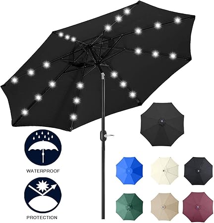 Sunnyglade 9 Solar 24 Led Lighted Umbrella With 8 Ribs Adjustment And Crank Lift System For Patio Black And White Umbrellas Canopies Shade Patio Lawn Garden