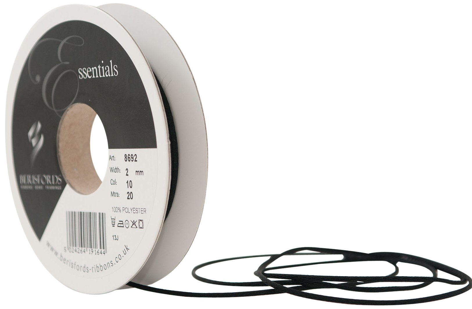 Berisfords 8692-BK-2 2 mm Rope Ribbon, Black
