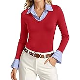 Tankaneo Womens Long Sleeve Polo Shirts Business Casual Work Tops Slim Fit V Neck Collared Patchwork Fall Outfits