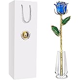 AliveRose Dipped 24k Gold Rose, 24K Gold Rose Made from Real Rose - Unique Design 24K Dipped Rose for Anniversary Valentines Mothers Day Birthday Gifts (Blue Original Rose with Crystal Vase)