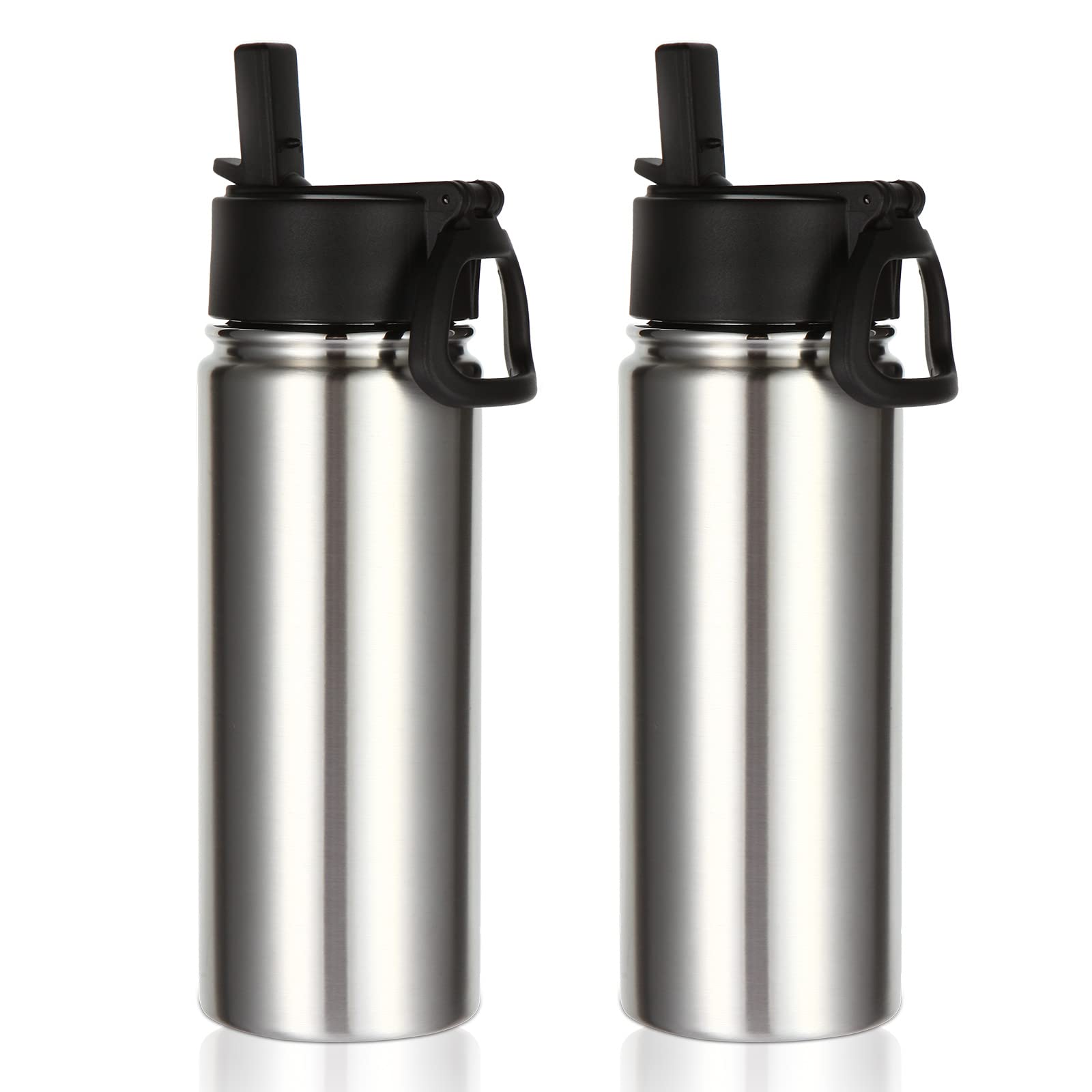 Volhoply 18oz Insulated Water Bottle 2 Pack, Multipack Kids Stainless Steel Water Bottles with Straw Lid, Double Wall Vacuum Metal Bottle (Silver,2 Pack)