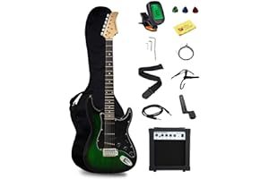 Stedman Pro EG39-TGRB-10W Beginner Series Electric Guitar with Case, Strap, Cable, Capo, Picks, Electronic Tuner, String Winder and Polish Cloth, 10W Amp, Transparent Green/Black Picguard