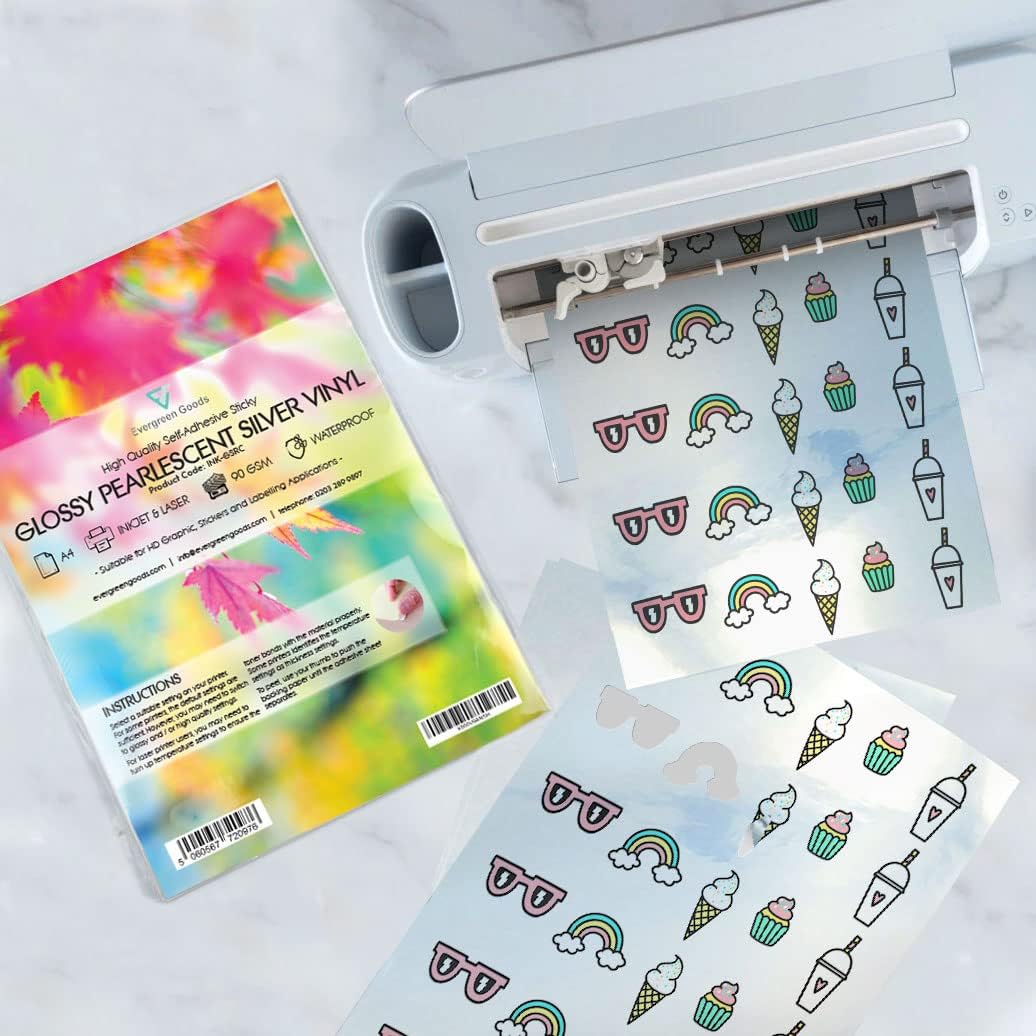 Evergreen Goods™ 10 Sheets Printable Sticker Vinyl for Cricut Cutters | GLOSSY SILVER A4 Waterproof | Inkjet & Laser | Die Cutting/Plotting Machines - Silhouette Brother Gemini | Make Stickers at Home