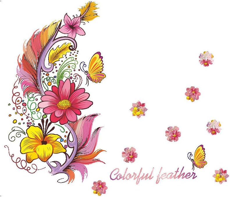 Colorful Floral Flower with Butterfly Feather Wall Sticker Decal for Home Decor