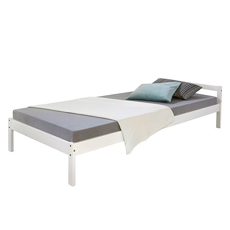 Homestyle4u 1412 Holzbett Kiefer massiv , Einzelbett aus Bettgestell mit Lattenrost , 90x200 cm , Weiß
