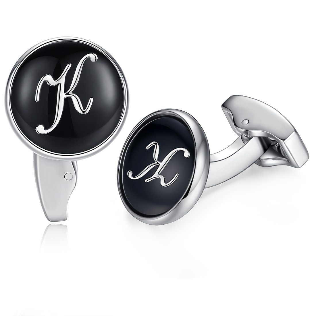 HONEY BEAR Initial Alphabet Letter Cufflinks for Men, Black Round Shape Wedding Business Gift A - Z (K)