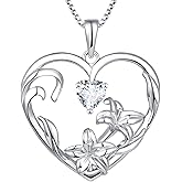 YL Women's Birth Flower Necklace 925 Sterling Silver Love Heart Pendant Gemstones Jewelry