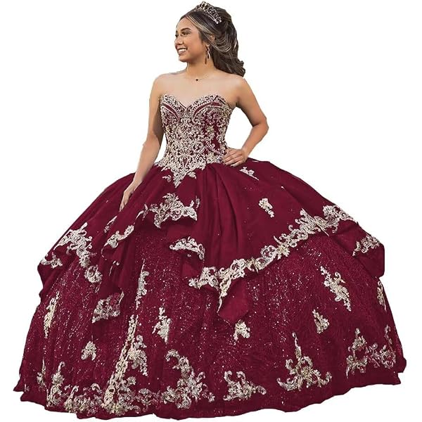 Amazon.com: HFAGEMV Gold Leaves Applique Bling Tulle Sweet 16 Dresses Prom  Ball Gown Spaghetti V-Neck Prom Pageant Dress Womens Burgundy/Gold 2:  Clothing, Shoes & Jewelry