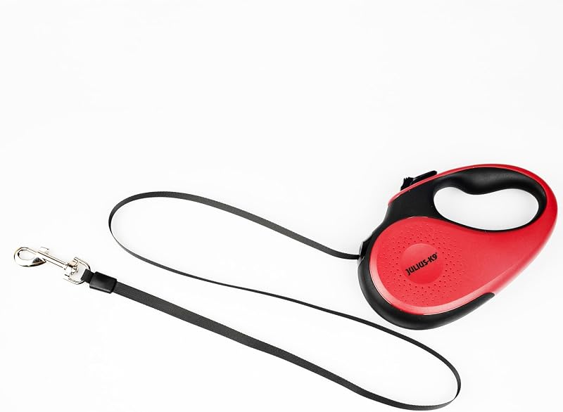Guinzaglio retrattile per cani, lunghezza 5 m, nero/rosso, impugnatura antiscivolo, estensibile, freno con una sola mano, pausa, blocco, nastro riflettente, anti-groviglio, resistente