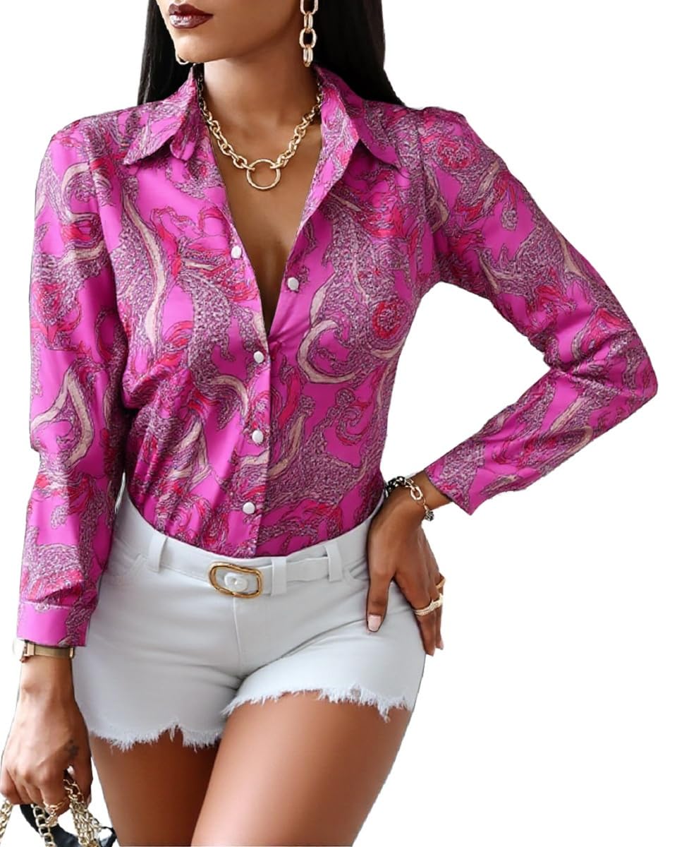 Photo 1 of (please see all images) Colorful Blouses Long Sleeve Floral Print Loose Collar Sexy Tops Button Down T-Shirt for Women… L