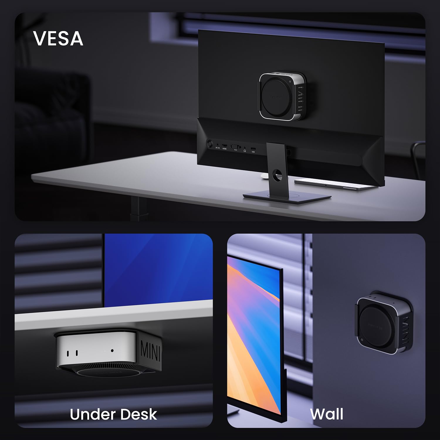 Fasgear ABS Plastik VESA Halterung für Mac-mini M4 /Pro 2024,Halterung Unter Schreibtisch ohne Bohren/Wandhalterung/Monitorhalterung,für Office Home Studio(Schwarz) 6