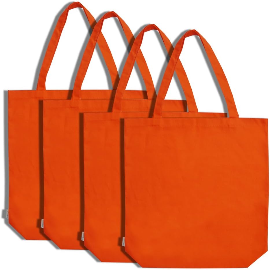 Augbunny 100% Cotton Canvas Shopping Tote Bag Grocery Bag 4-Pack (Orange)