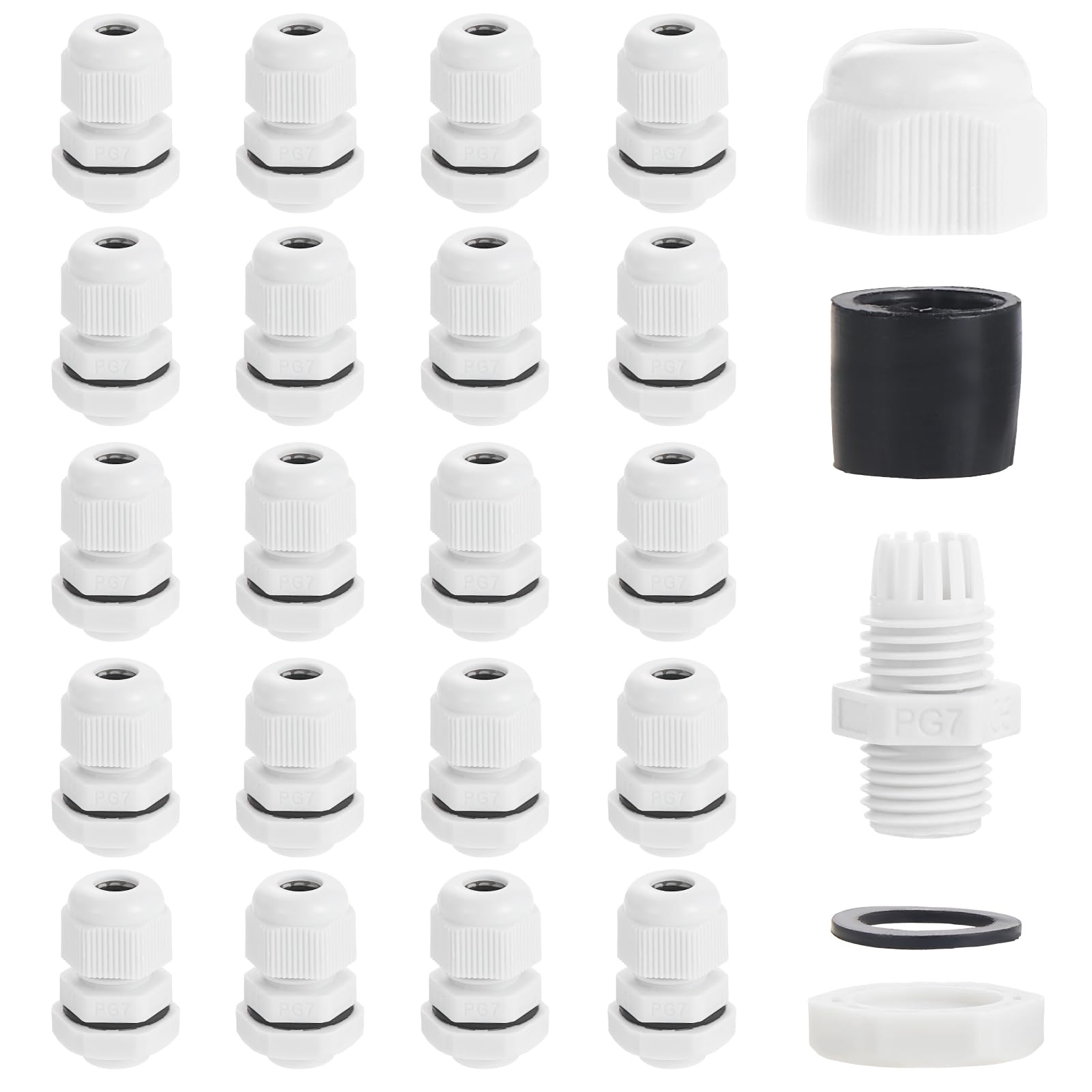 eROOSY 20 Pcs Cable Glands Waterproof PG7 Adjustable Cable Glands Nylon Cable Glands for Cables with a Diameter of 3-6.5mm, Waterproof Nylon Cable Glands, White