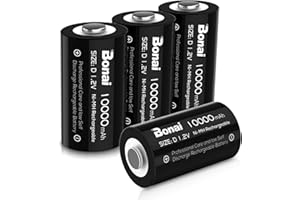 BONAI Rechargeable D Batteries 10000mAh Pre-Charged Low Self Discharge, Ni-MH D Cell Recharge up to 1200x Times - 4 Pack