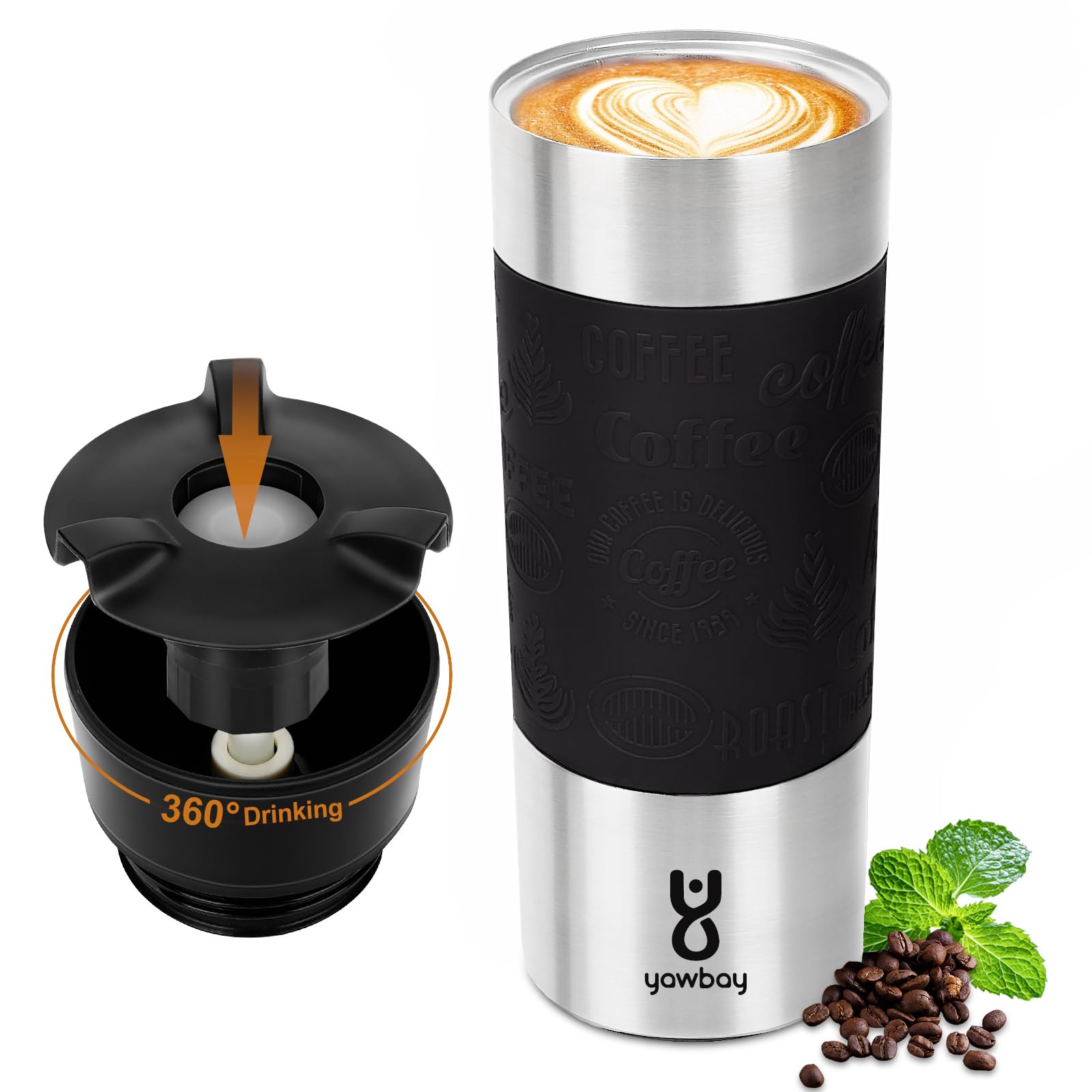 Photo 1 of Yawbay Travel Coffee Mug with 360°Lid, Travel Coffee Tumbler 16 oz Leak Proof, Stainless Steel Insulated Travel Mugs for Hot and Cold Spill Proof Leak Proof(Black)