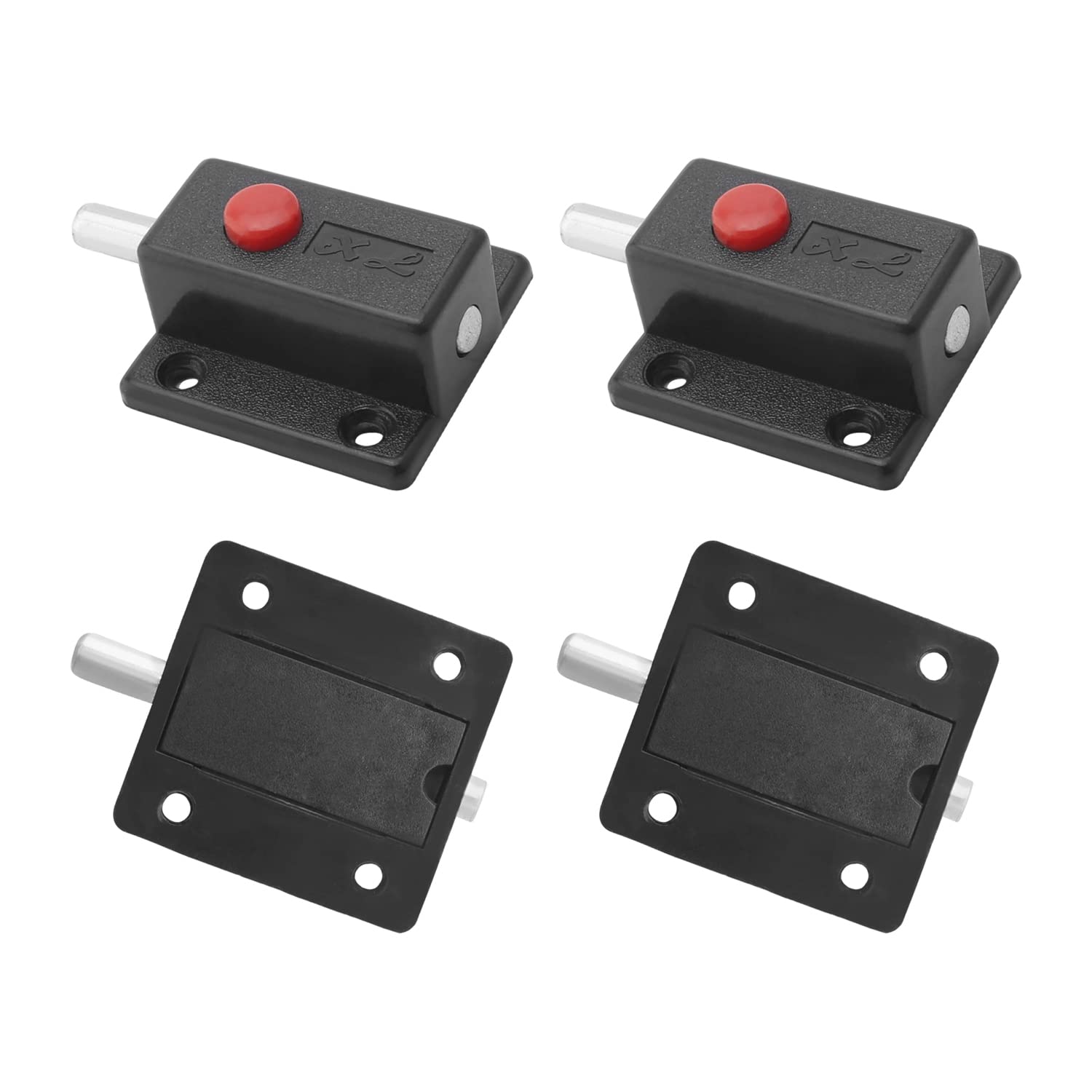 MroMax 8Pcs Spring Loaded Door Bolt Latch, Black Plastic Sliding Flush Barrel Latch with Switch Button Without Handle for Door, Cabinet, Furniture Hardware Accessories