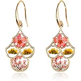 QLYOVWE Handmade Real Natural Pressed Flower Earrings for Women Girls Boho Artsy Dried Flower Resin Epoxy Earrings Retro Gold Thread Earrings Unique Wildflower Jewelry