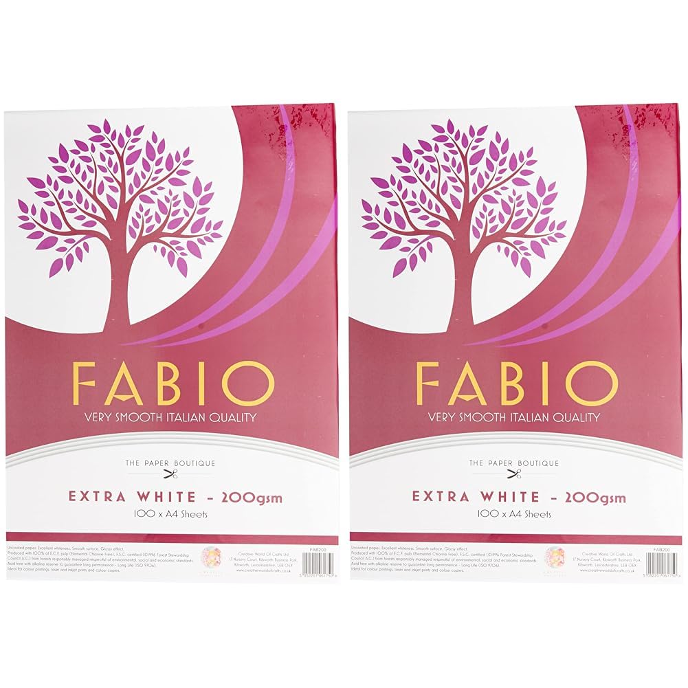 Fabio 100 x A4 Sheets, Extra White Cards, 200 GSM (Pack of 2)