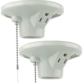 Mylvrek 2-Pack Porcelain Light Socket with Pull Chain 125V E26 Light Socket | Porcelain Pull Chain Light Fixture with 3-Prong Outlet for Ceiling Lighting, Indoor Garage Lighting