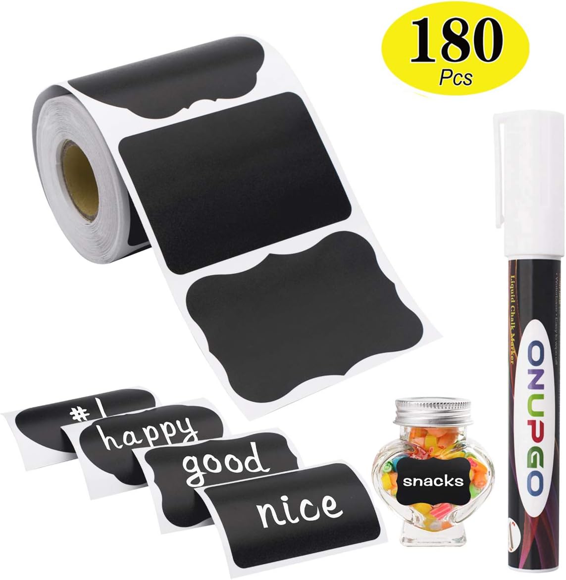 ONUPGO Chalkboard Labels-180pcs Waterproof Reusable Blackboard Stickers with 1 Liquid Chalk Marker for Mason Jars, Parties Decoration, Craft Rooms, Weddings, Storage, Organize Your Home & Kitchen