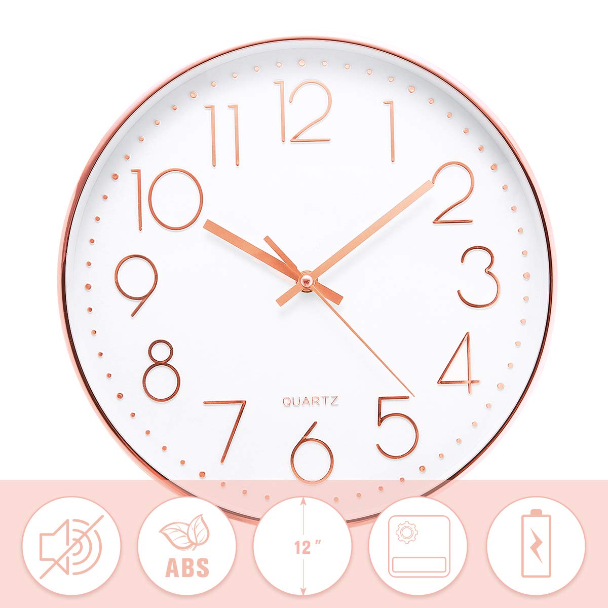 Jeteven Rund 30cm Wanduhr fest ohne Tickgeräusche (Roségold)