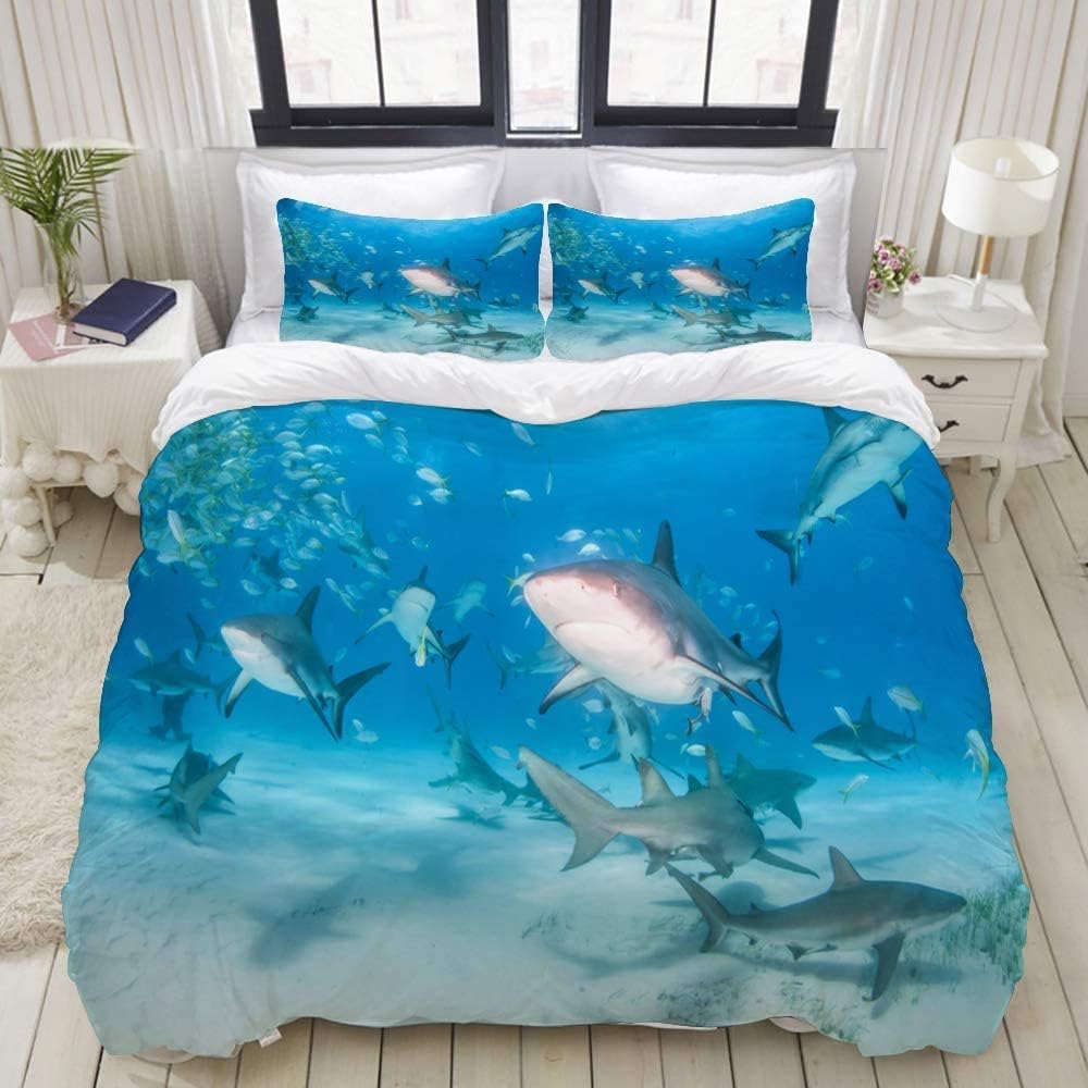 TMSSUNCI Zipper Closure Bedding Set,Picture Shows Caribbean Reef Sharks Lemon,(1 Duvet Cover + 2 Pillow Shams) Duvet Cover Set 3-Piece (Queen/Full/88 x88)