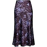 Soowalaoo Womens Leopard Print Skirt Midi Long Length Silk Satin High Waist Elastic Skirts