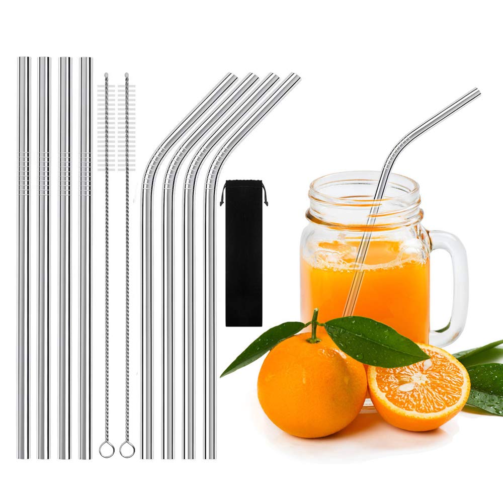 YOCZOX 8 PCS Stainless Steel Straws, Eco-Friendly Reusable Metal Straws 8.5" with 2 Cleaning Brush & Pouch for 20oz Tumblers Rumblers Mugs, Smoothie, Milkshake, Cocktail, Hot Drinks