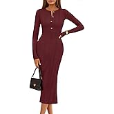 MEROKEETY Women's Bodycon Sweater Dress 2025 Fall Winter Long Sleeve Button Crew Neck Ribbed Knit Midi Work Dresses