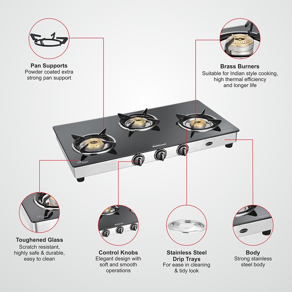 Manual Ignition Regal Glass Top 3 Burner Gas Stove Sunflame Best