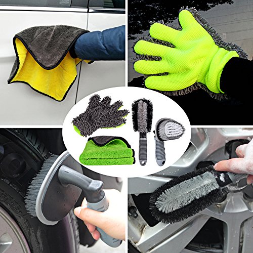 Carperipher Car Cleaning Kit, 4 Pack Car Washing Tools - with Soft Chenille Car Washing Sponges & Mitts, Wash Cloth Towel Auto Care Tools, Tire Cleaner Brush & Wheel Cleaner Brush Auto Detailing Tool