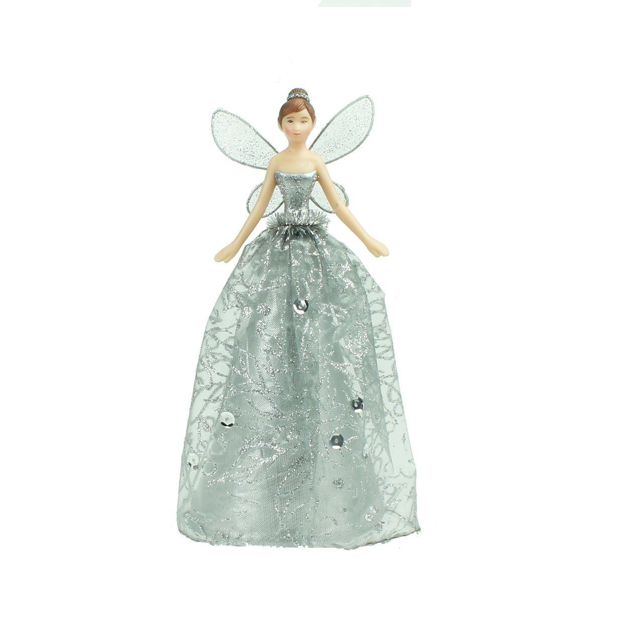 Medium Silver Angel Christmas Tree Topper with Patterned Skirt (18cm)