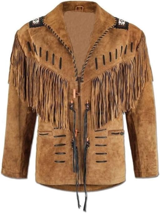 Veste En Cuir 3B WEST Style Western/amérindien - Taille L - Couleur Beige Avec Franges Et Perles