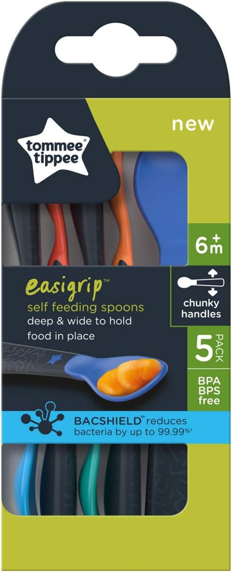 Tommee Tippee Easigrip Self-Feeding Weaning Spoons, for Babies 6m+, Pack of 5 Spoons with Easy to Hold Chunky Handles