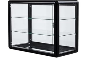 Homtique Display Case, 3 Tier Tempered Glass Counter Top Display Showcase, Black Aluminum Frame Display Cabinet with Sliding Glass Door and Lock, 24" W x 12" D x 18" H