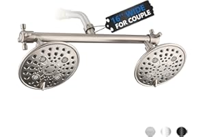 Proox Double Shower Head with Built-in Valve, High Pressure 6 Setting Dual Shower Head Design for Couple on Walk-in Bathroom or Single on Bathtub Bathroom - Brushed Nickel