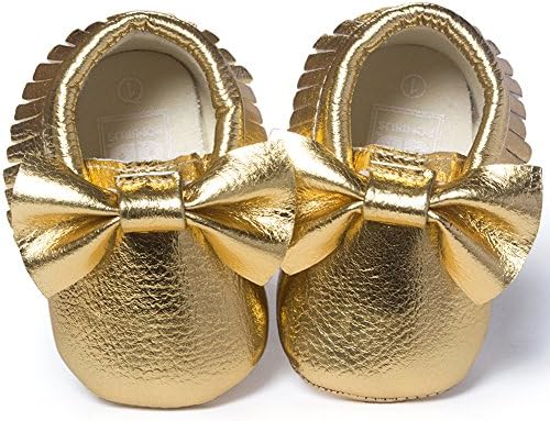 DESDEMONA Bow PU Leather Baby Boy Girl Infant Toddler Pre-walker Crib Shoes (XS(4.33inches),Bright gold)