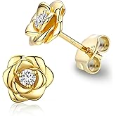 Gold Plated Sterling Silver Rose Flower Earring Studs, Hypoallergenic & Nickel Free Earrings for Women