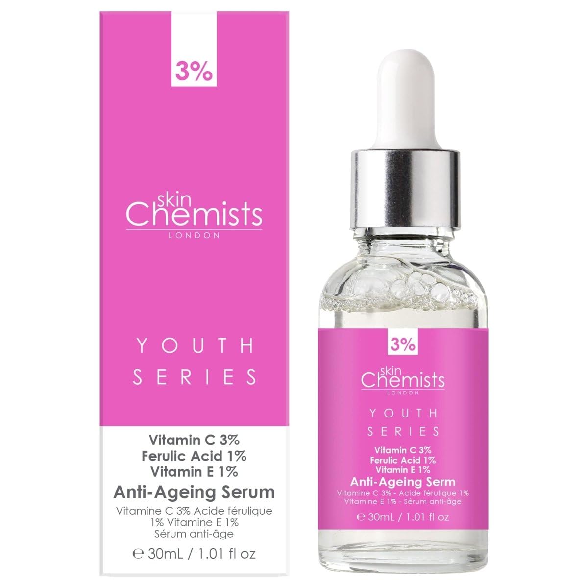 skinChemists Anti-Ageing Face Serum with Vitamin C 3%, Ferulic Acid 1%, Vitamin E 1% 30ml | Smooth Wrinkles, Revitalize Skin & Improve Fine Lines - Achieve Radiant & Youthful Skin