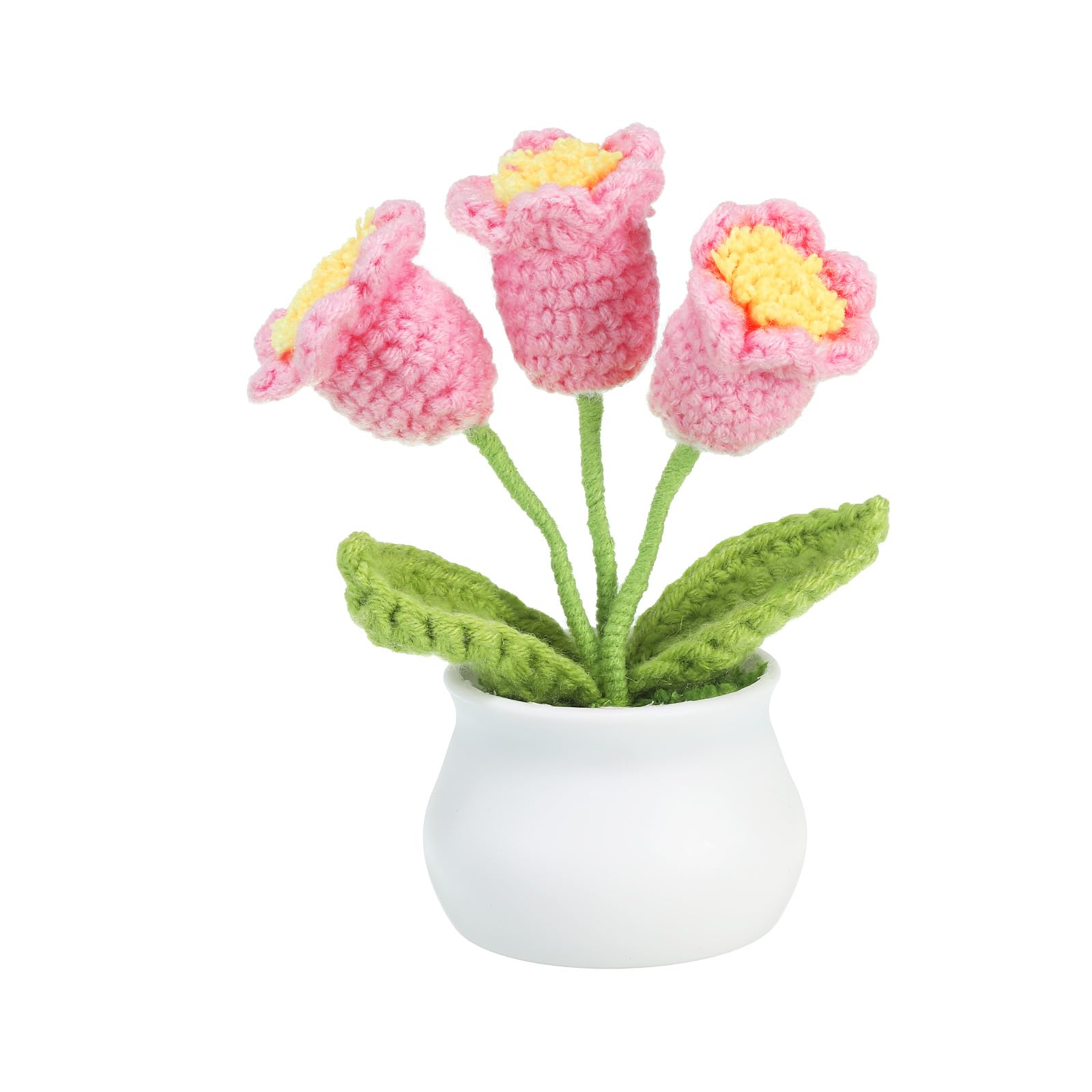 PATIKIL Crochet Flowers, Handmade Knitting 3Head Lily of the Valley Artificial Woven Small Potted with Stems for Valentine's Gifts Home Wedding Party Office Tables Decoration, Pink