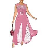 chicyes Womens One Piece Elegant Overlay Jumpsuit Dressy Sexy Bodycon Formal Sleeveless Rhinestone Romper Party Outfits