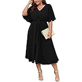 SCOMCHIC Women Plus Size Midi Dresses Wedding Guest Short Sleeve V Neck Tie Waist Casual Summer Flowy A Line Dress