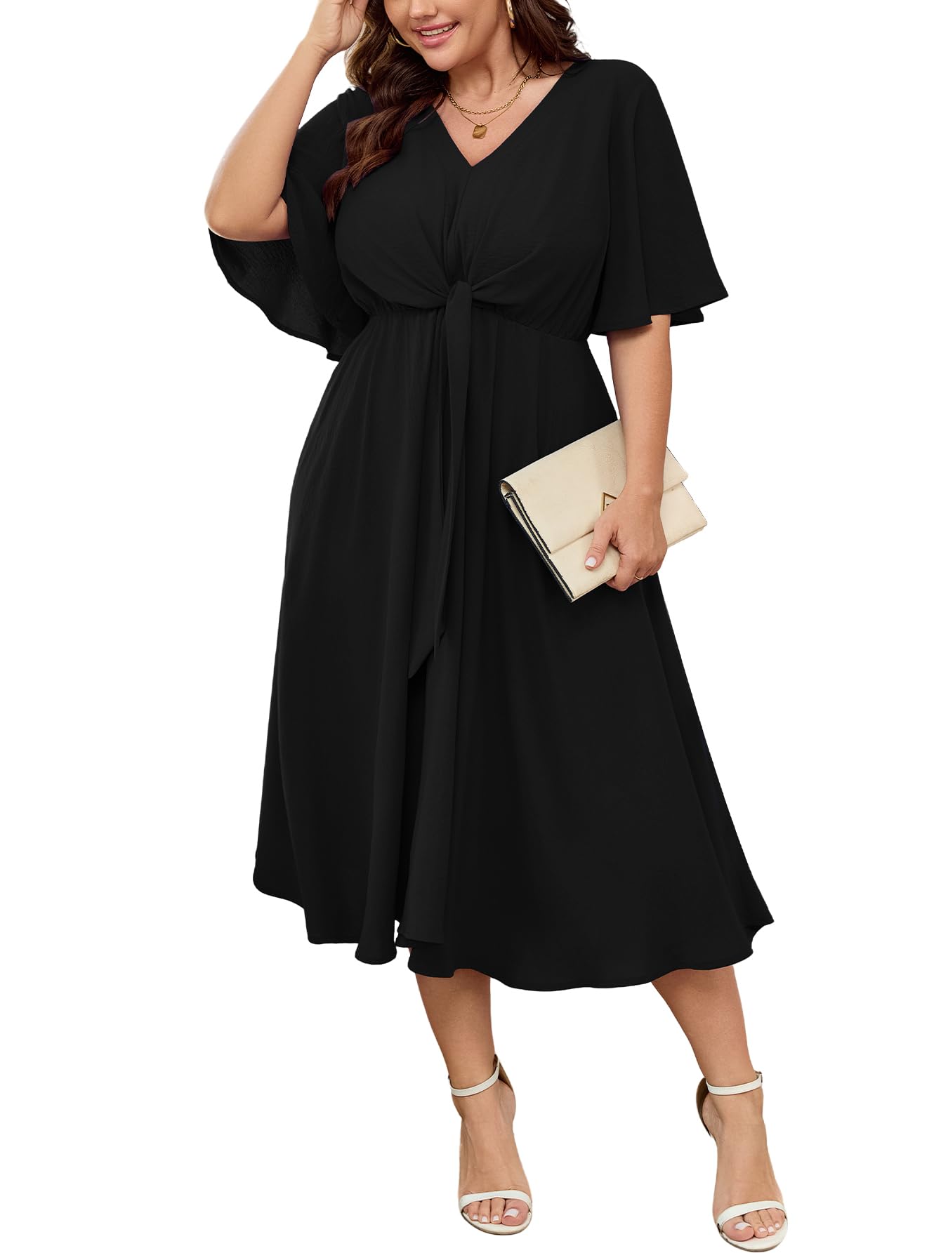 Photo 1 of SCOMCHIC Women Plus Size Midi Dresses Wedding Guest Short Sleeve V Neck Tie Waist Casual Summer Flowy A Line Dress Black