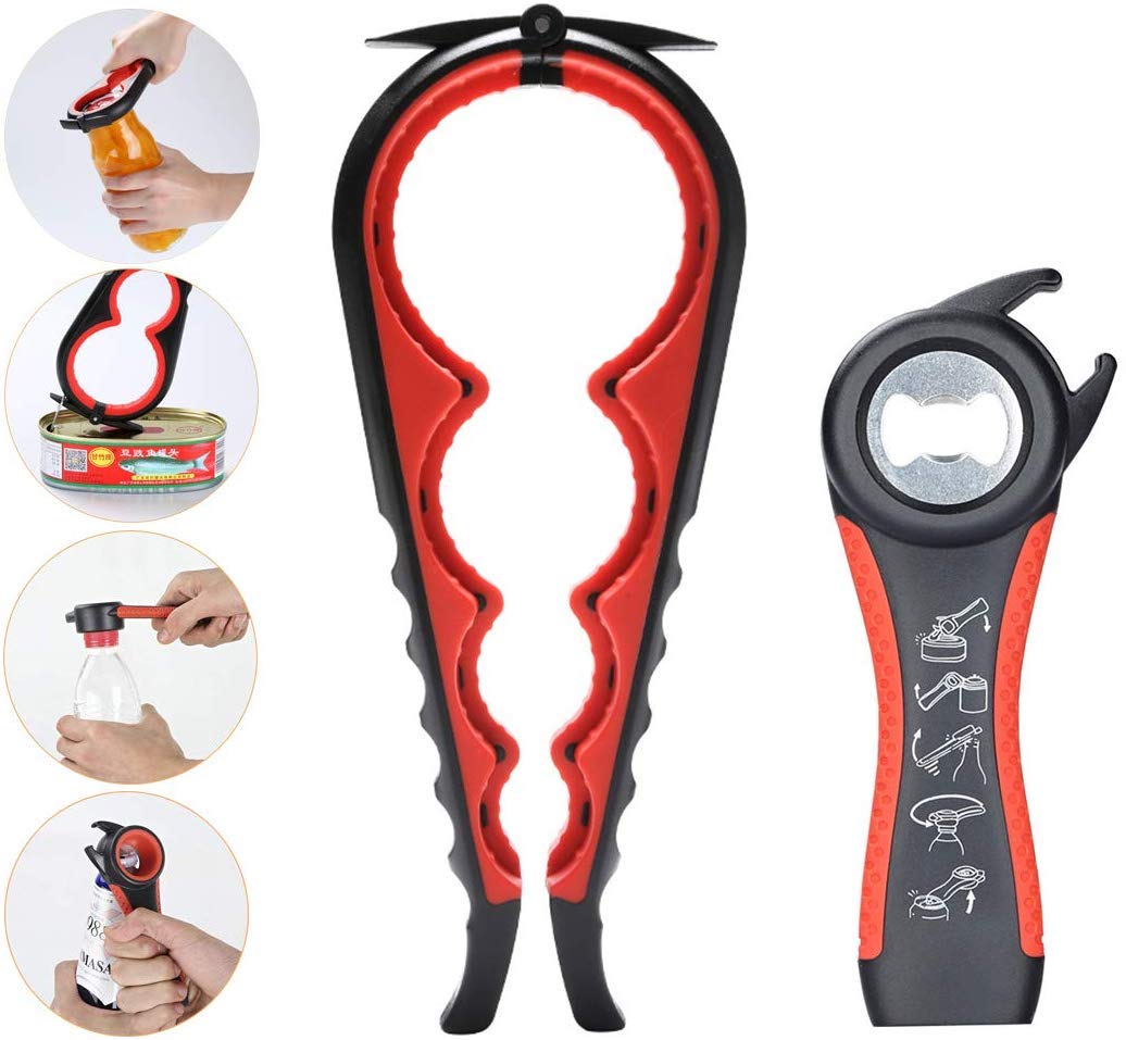 Easy Jar Bottle Opener Kit, 5in1 and 4in1 Multi Function Jar Openers, Simple to Use for Children, Elderly and Arthritis Sufferers,Silicone Hand Gripper Aid (Red-Black)