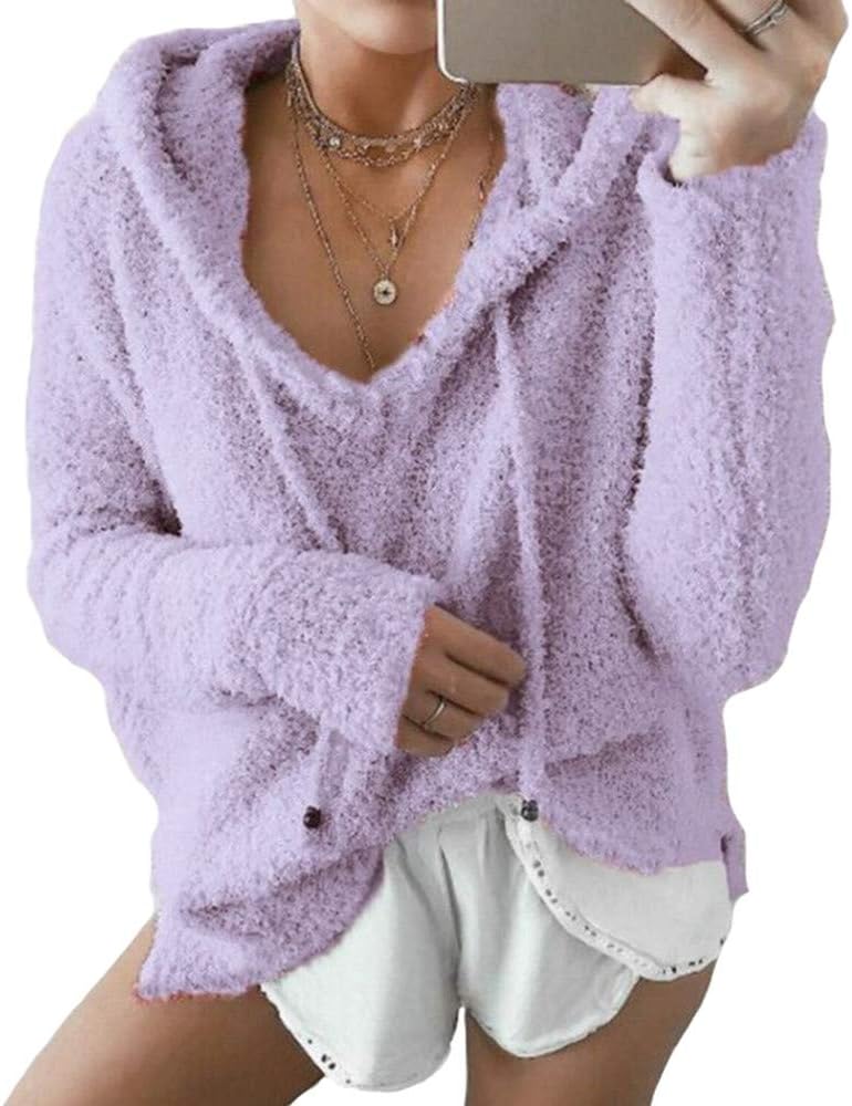 Menglihua Womens Casual Comfy Mohair Fluffy Long Sleeve Hooded Sweater Pullover Tops Blouse Lightpurple XL